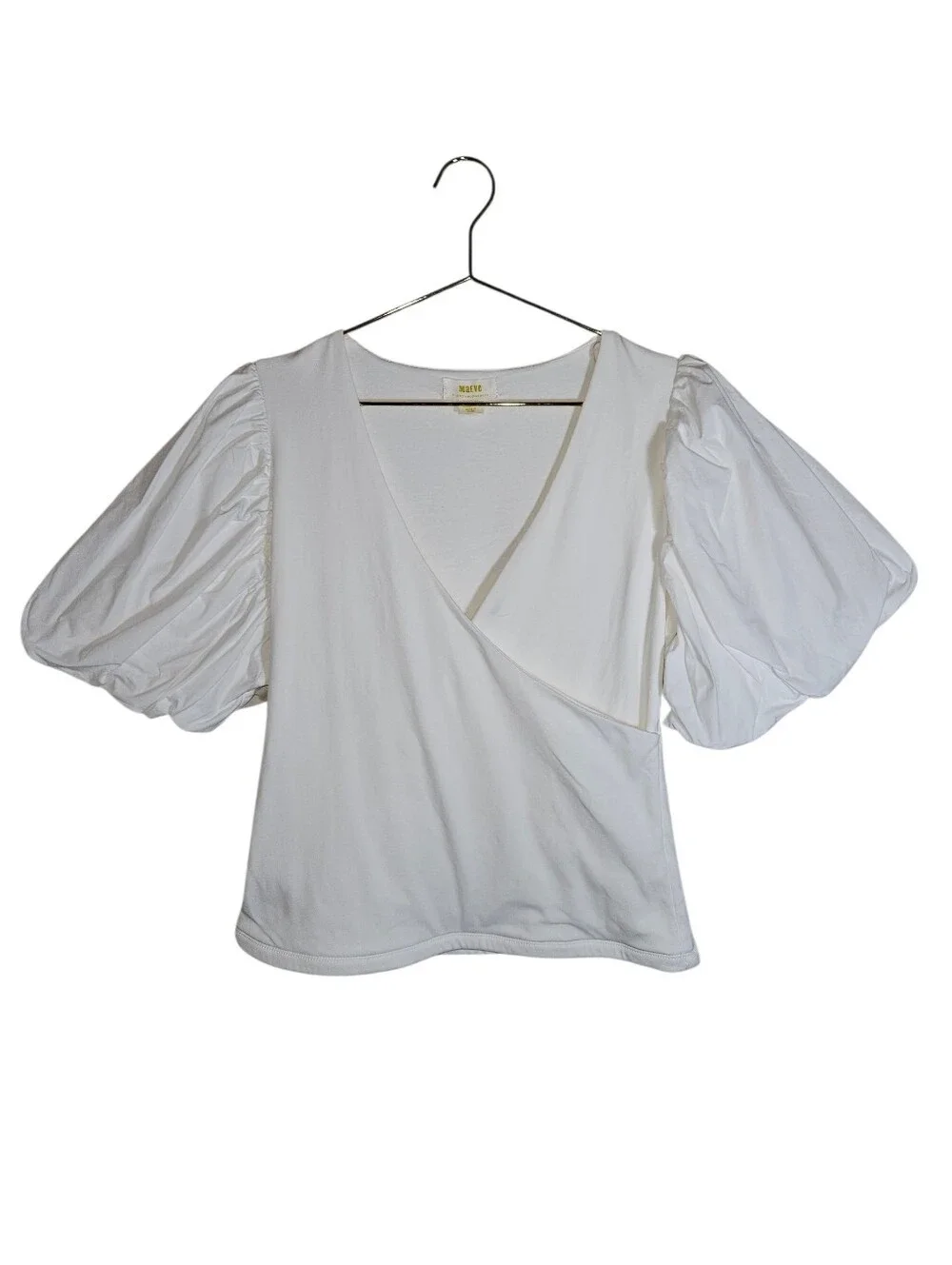 Maeve by Anthropologie White V-Neck Short Puff-Sleeve Wrap Front Top Size M